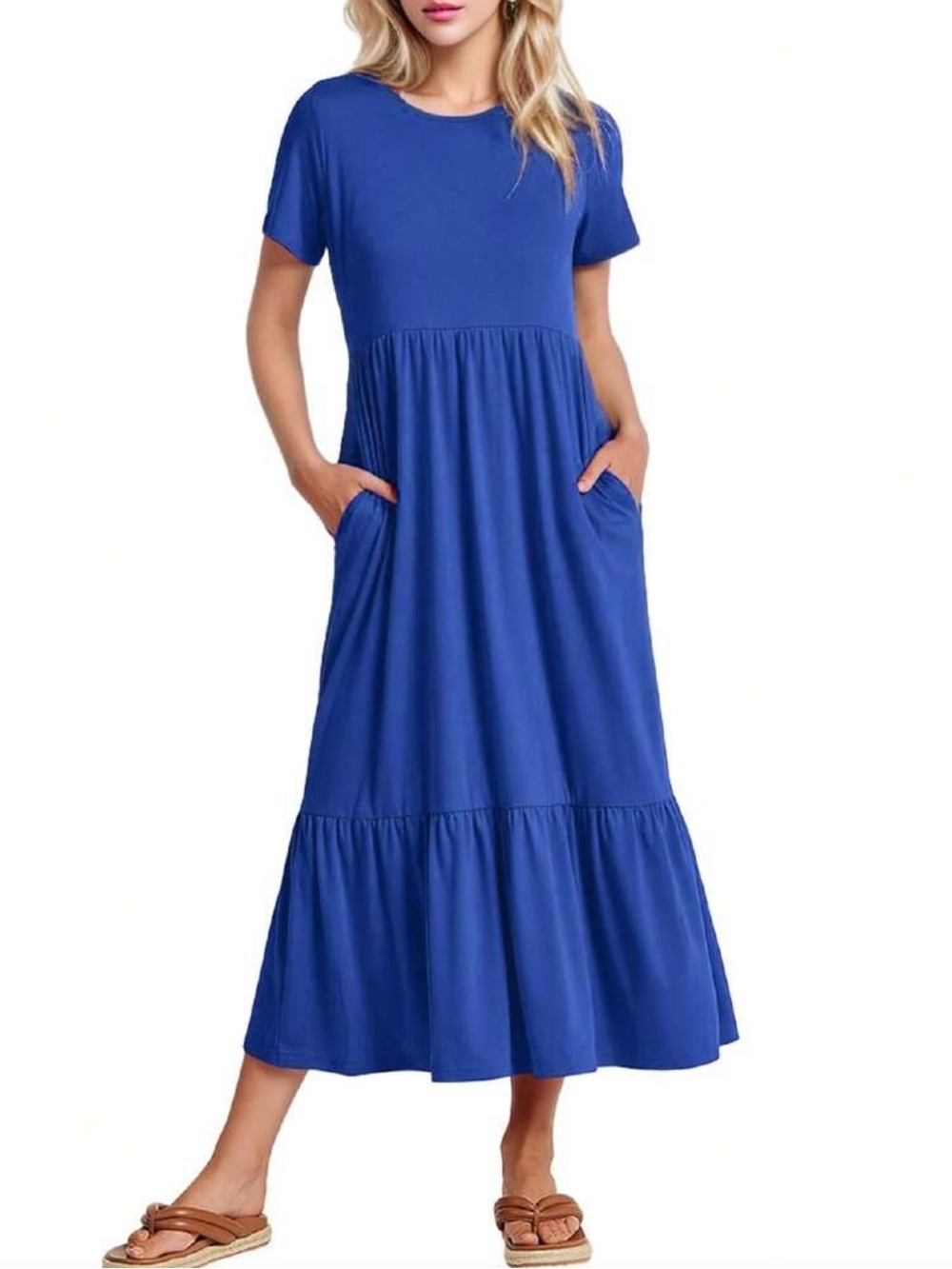 Women's Blue Short-Sleeve Tiered Maxi Dress